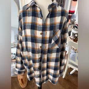 Northeast outfitters Navy and Tan Plaid Button-Down Shirt